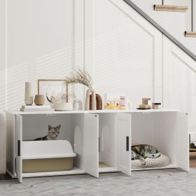 Cat Litter Box Enclosure With Double Room, Scratching Mat For 2 Cats, 57 X 19 X 20, White (Color: White)